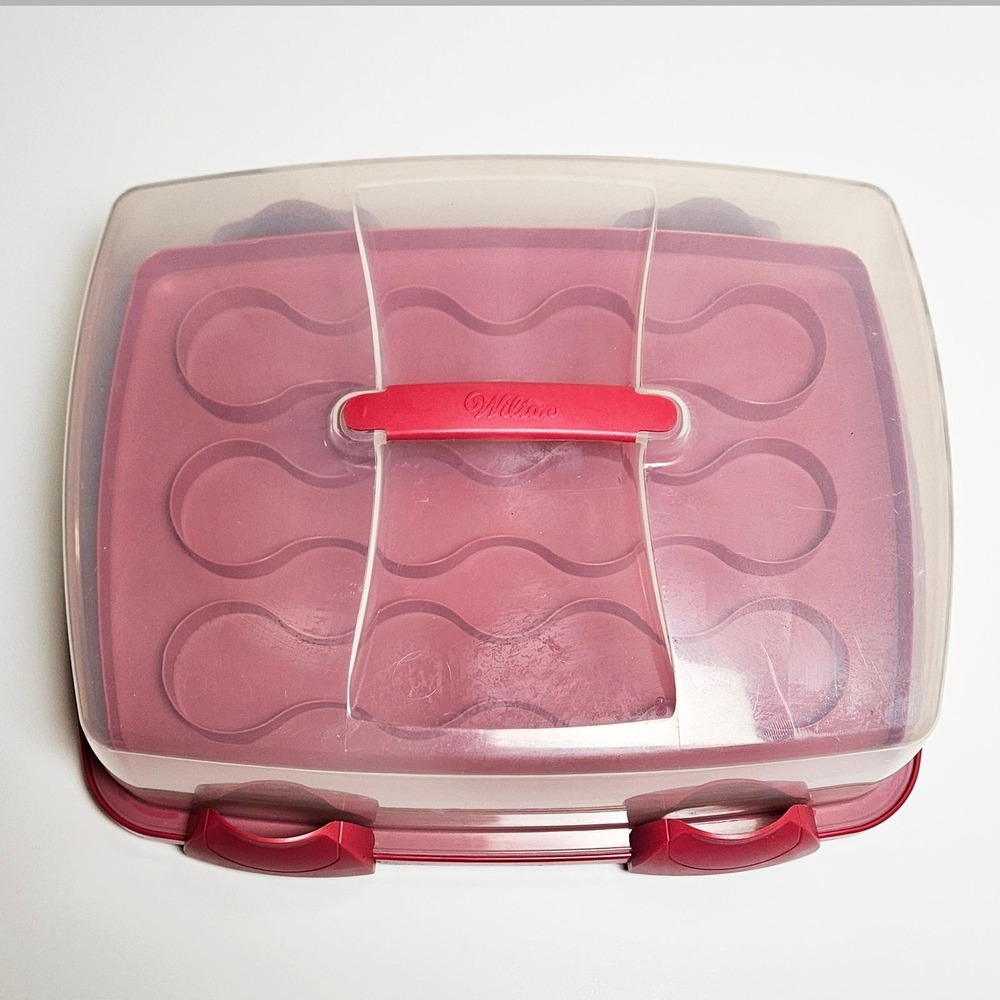 Wilton 3 in 1 Cupcake Carrier Caddy Red 18x14 with Clip On Clear Lid and Handle